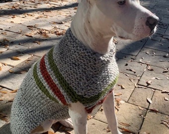 Light gray dog sweater rust green stripes MADE 2 MEASURE hand knit stretchy smart small dog coat big dog pullover easy on & off dog clothes