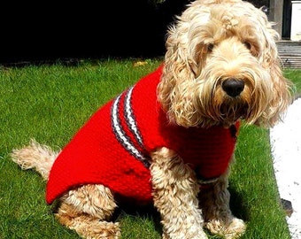 Warm red thick stretchy hand knit dog sweater with stripes all dog breeds custom dog clothing made 2 measure dog gift idea dog walking wear