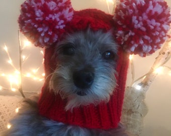 SM red pom pom dog hats ,stretch great fit warm soft pet clothing small breed dog beanie Iggy maltipoo schnauzer yorkie chi