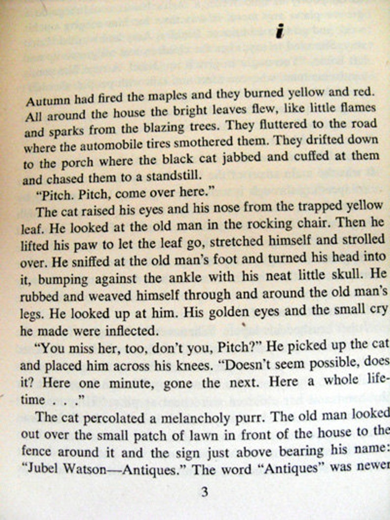 May include: A page from a book with black text on a cream background. The text describes a scene with a cat, an old man, and autumn leaves. The word "Antiques" is visible.