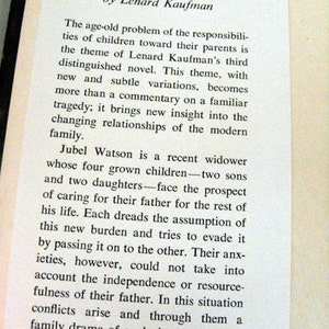 May include: A book page featuring the title "Children" by Lenard Kaufman. The text discusses the novel's exploration of family dynamics, focusing on the responsibilities of children towards their parents.