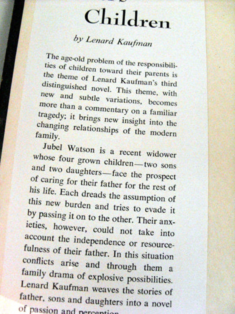 May include: A book page featuring the title "Children" by Lenard Kaufman. The text discusses the novel's exploration of family dynamics, focusing on the responsibilities of children towards their parents.