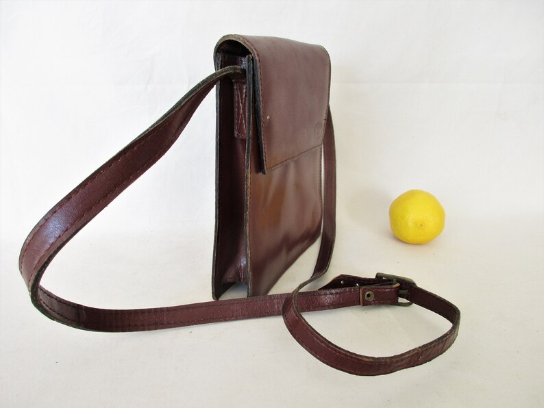 Vintage dark brown stiff leather small messenger bag / cross Etsy