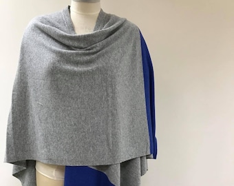 WOOL CASHMERE Knitted Poncho. Color Blocking, Contrast Color. Feminine Cozy Handmade Warmer. Light Grey with blue