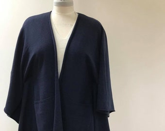 WOOL CASHMERE Knitted Poncho. KIMONO Style. Feminine Cozy Handmade Warmer with Pockets. Navy body with Navy  pockets