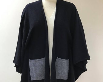 WOOL CASHMERE Knitted Poncho. KIMONO Style. Feminine Cozy Handmade Warmer with Pockets. Black body with Charocal pockets