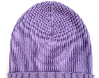 100% CASHMERE BEANIE in Purple; Ribbed Effortless Elegant HAT for Winter