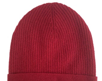 100% CASHMERE BEANIE in Red; Ribbed Effortless Elegant HAT for Winter