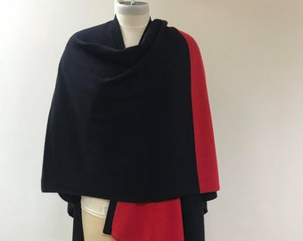 WOOL CASHMERE Knitted Poncho. Color Blocking, Contrast Color. Feminine Cozy Handmade Warmer. Black & Red red color