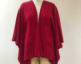 WOOL CASHMERE Knitted Poncho. KIMONO Style. Feminine Cozy Handmade Warmer with Pockets. All in Red