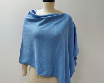 Della Robbia Blue. Luxurious Pure Cashmere Knitted Poncho. Feminine Cozy Handmade 100% Cashmere Scarf Neck Warmer (blue-11)