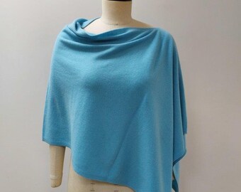 River Blue Luxurious Pure Cashmere Knitted Poncho. Feminine Cozy Handmade 100% Cashmere Scarf Neck Warmer (blue-6)