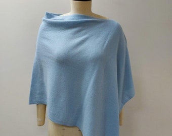 Pale Blue Luxurious Pure Cashmere Knitted Poncho. Feminine Cozy Handmade 100% Cashmere Scarf Neck Warmer (blue-8)
