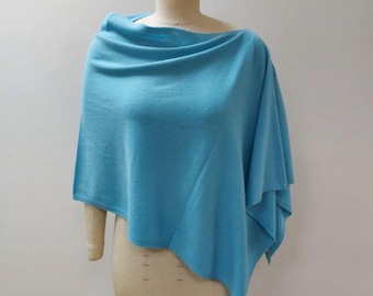 Blue Mist Luxurious Pure Cashmere Knitted Poncho. Feminine Cozy Handmade 100% Cashmere Scarf Neck Warmer (blue~5)