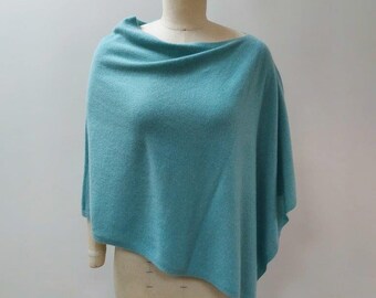 Blue Turquoise Luxurious Pure Cashmere Knitted Poncho. Feminine Cozy Handmade 100% Cashmere Scarf Neck Warmer (blue-4)