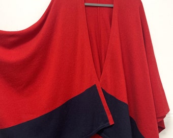 WOOL CASHMERE Knitted Poncho. Color Blocking, Contrast Color. Feminine Cozy Handmade Warmer. Red with Navy color