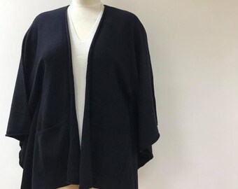 WOOL CASHMERE Knitted Poncho. KIMONO Style. Feminine Cozy Handmade Warmer with Pockets. Black body with Black  pockets