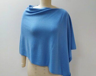 Silver Lake Blue Luxurious Pure Cashmere Knitted Poncho. Feminine Cozy Handmade 100% Cashmere Scarf Neck Warmer (blue-10)