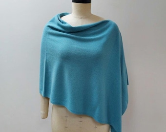 Aqua Sea Luxurious Pure Cashmere Knitted Poncho. Feminine Cozy Handmade 100% Cashmere Scarf Neck Warmer (blue-9)
