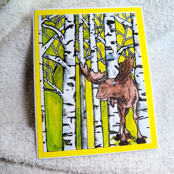 Moose with birch trees blank card, handmade stamped scene of birch trees and moose notecards north woods scene of trees and moose