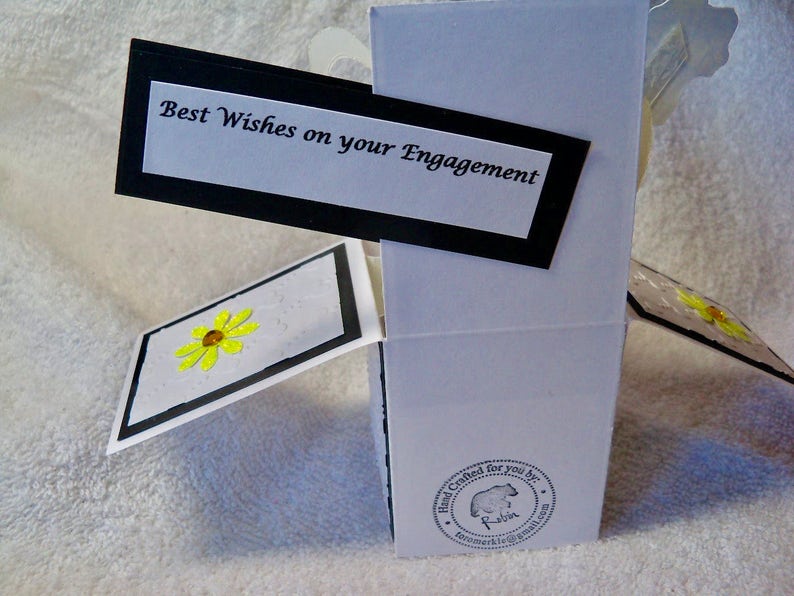 one of a kind design Engagement congratulations pop up exploding box card handmade with embellished engagement ring hearts and love birds