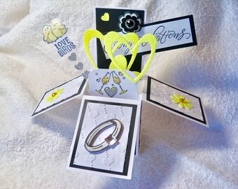Handmade Engagement Pop Up Card: Exploding Box with Ring & Love Birds