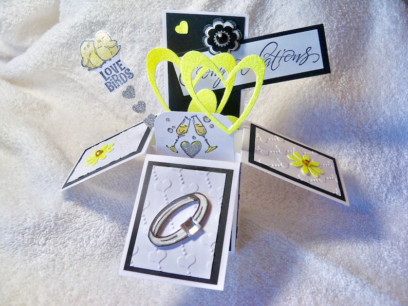 one of a kind design Engagement congratulations pop up exploding box card handmade with embellished engagement ring hearts and love birds