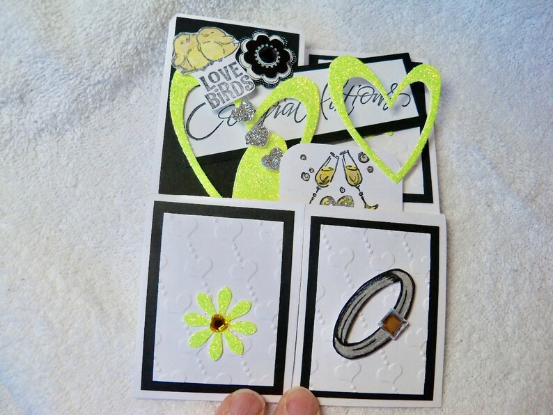 one of a kind design Engagement congratulations pop up exploding box card handmade with embellished engagement ring hearts and love birds