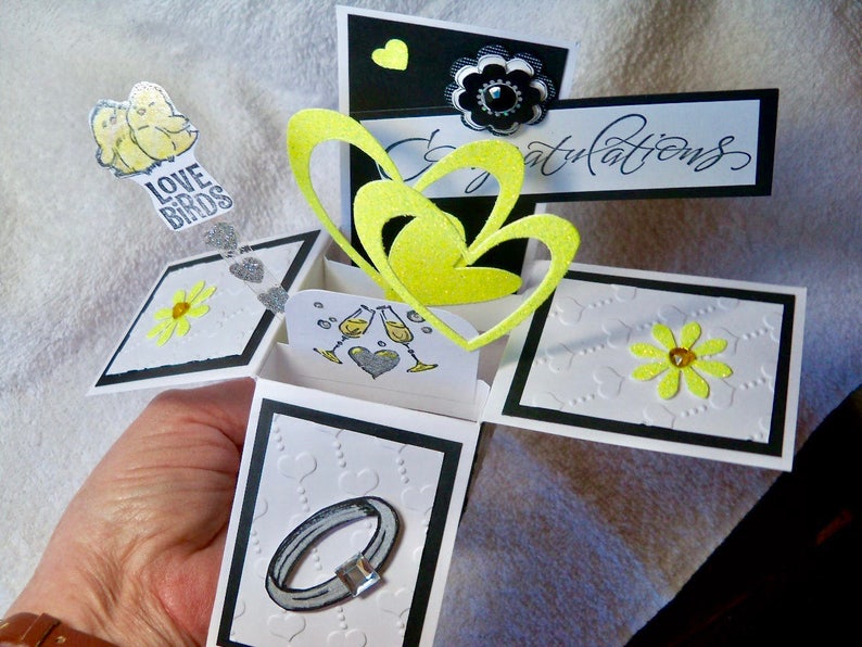 one of a kind design Engagement congratulations pop up exploding box card handmade with embellished engagement ring hearts and love birds