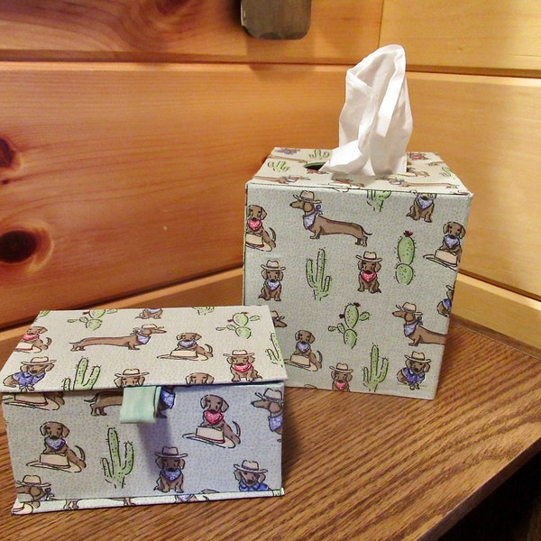 Tissue box cover set with matching trinket box, dogs with bandanas printed fabric, one of a kind, crafted with the cartonnage technique