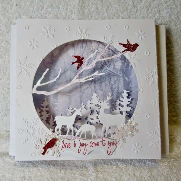 Hand made Christmas shadow box card, diorama greeting cards, die cut original designs hand crafted with deer, birds and trees