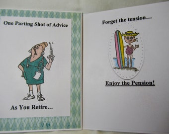 Nurses retirement card, retirement card for nurse, nurse parting shot greeting card, happy retirement card, forget tension enjoy pension