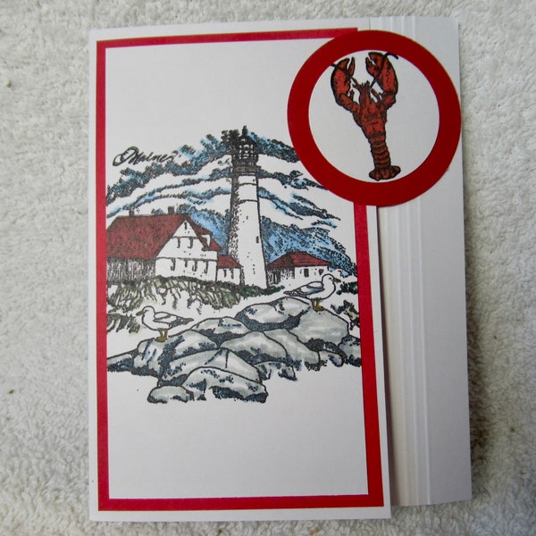 Maine lighthouse, Portland Head Light, hand made latch style greeting card with your choice of sentiment, stamped and hand colored, blank