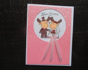 Handmade Mr. & Mrs. Moose Wedding Card: Glitter, Satin Ribbon