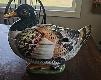 Vintage CPL Italy Mallard Duck Tureen | Large Hand Painted Italian Ceramic Duck | Majolica Covered Serving Dish | Statement Bird Decor