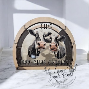 Cow Tip Jar – “Tips. Moo-chas Gracias” – Funny UV Printed Acrylic & Wood Tip Jar for Cafes, Food Trucks, and Counters