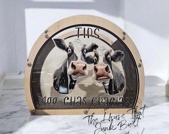 Cow Tip Jar – “Tips. Moo-chas Gracias” – Funny UV Printed Acrylic & Wood Tip Jar for Cafes, Food Trucks, and Counters