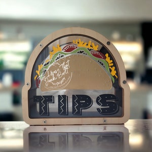 Tarro de propinas para tacos: tarro de acrílico pintado y madera. Decoración para food trucks, restaurantes o bares.