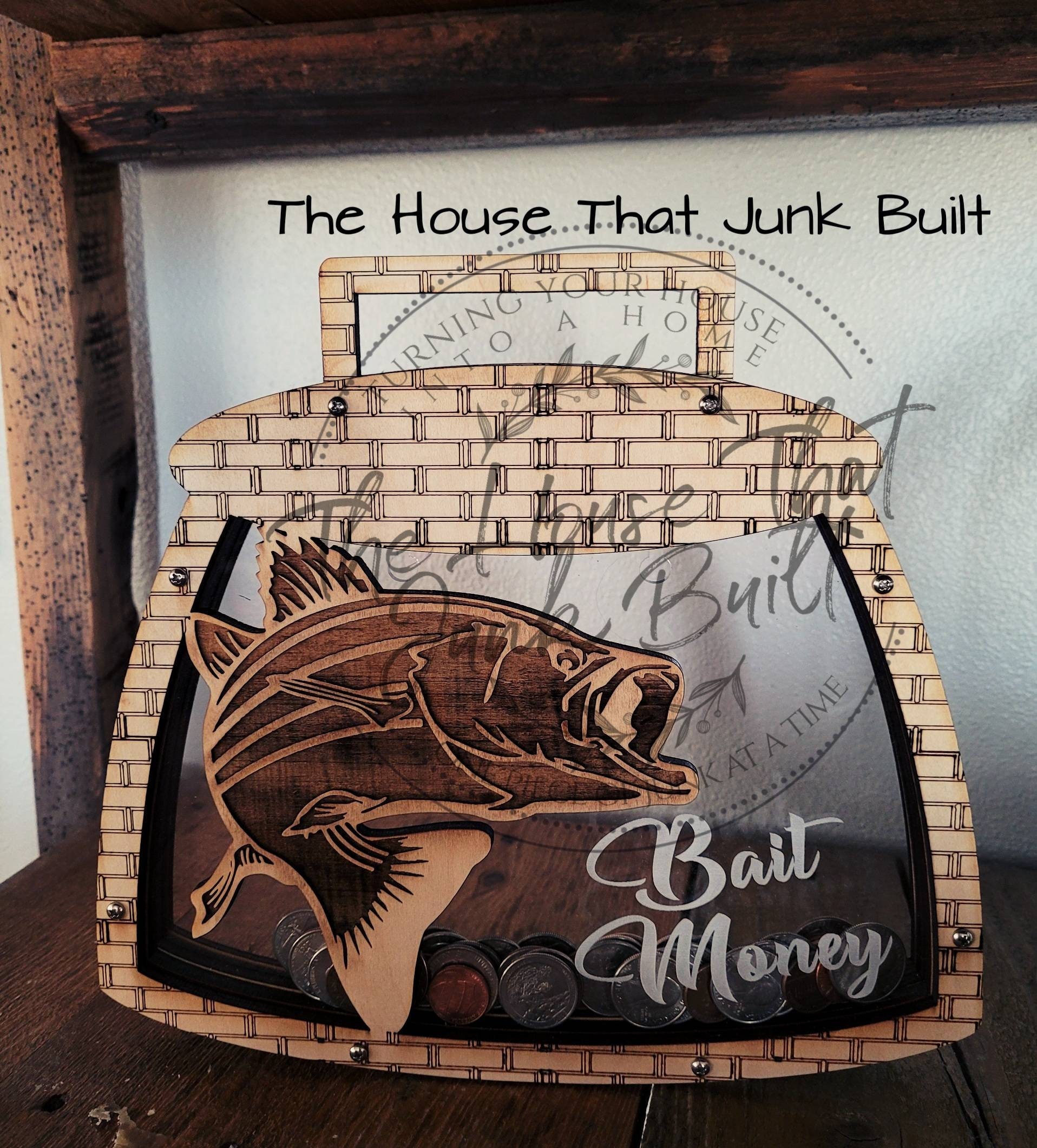 Wood Piggy Bank Fishing Bait Money Custom Engraved