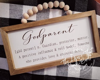 Godparent Definition Sign – Boho Beaded Hanger Gift, Rustic Godmother Godfather Wall Decor, Baptism Gift, Modern Farmhouse Sign, Godparent