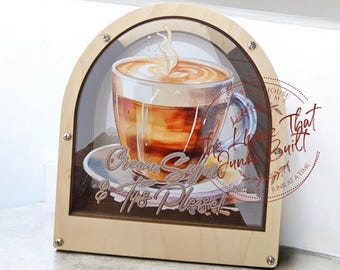 Tarro de propinas para café: "Crema, azúcar, propinas, por favor". Divertido tarro de propinas de acrílico y madera para cafeterías, baristas, meseros y amantes del café.
