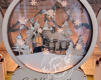 Mountain Cabin Snow Globe Lighted Christmas Go Tell it on the Mountain Bears