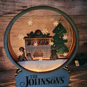 Custom lighted snowglobe Stockings fireplace wood