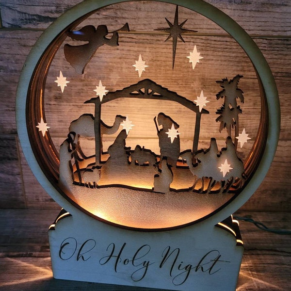 Nativity Snowglobe lighted wood custom