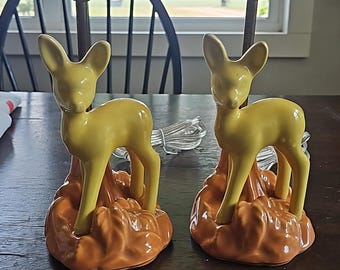 Vintage Shawnee Style Deer Lamps Pair | Mid Century Ceramic Fawn Table Lamps | Rewired Woodland Nursery Cabin Decor