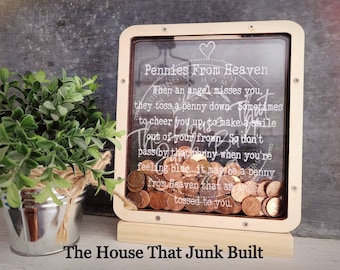 Pennies Dimes Coins from Heaven Bank Wood Piggy Bank Memorial Bereavement Sympathy Rememberance
