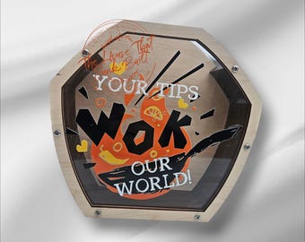 Funny Tip Jar – “Your Tips Wok Our World” – UV Printed Acrylic & Wood – Bright. Bold – Food Truck, Restaurant, Coffee Shop Decor