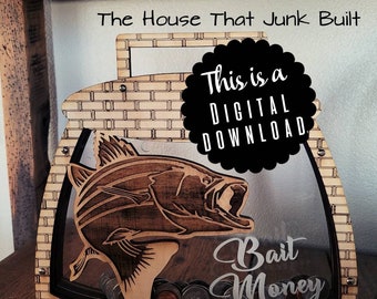 Digital Fishing Bait Money Wood Piggy Bank Savings Custom Laser Engraved SVG File Glowforge
