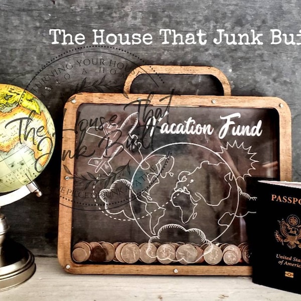 Vacation Fund Globe Suitcase  Map Travel Custom Wood Piggy Bank