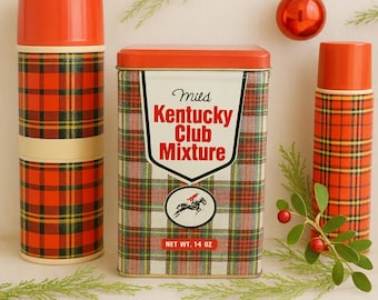 Vintage 14 Oz Kentucky Club Mixture Mild Tobacco Tin | Red Plaid Equestrian Tin | Farmhouse, Tobacciana, Man Cave Decor